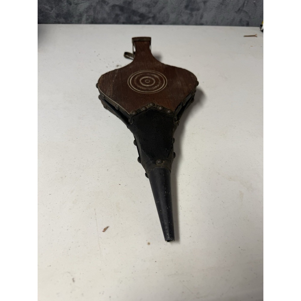 Vintage Wood and Leather Fireplace Bellows Hand Blower Crest Carved Hearth Tool